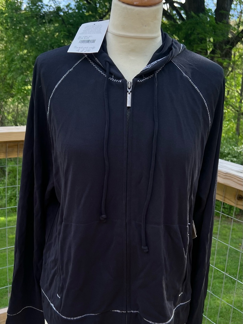 J. Jill Black Hooded Matte Jersey Jacket with Contrast Topstitching